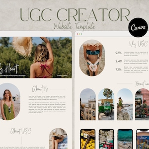 Könnte beinhalten: Eine Website-Vorlage für UGC-Ersteller, die eine Frau in einem roten Bikini zeigt, die einen Strohhut hält, sowie ein Website-Mockup mit dem Text "Lify Heart" und "Über mich". Die Website enthält auch Statistiken zu UGC, wie z. B. "92 % der Vermarkter glauben, dass der Großteil ihres Inhalts von Nutzern erstellt wird".