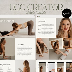 Könnte beinhalten: Eine Website-Vorlage für einen Wellness-Coach oder UGC-Ersteller, die eine Frau in einer Yoga-Pose zeigt und Text mit der Aufschrift "UGC Creator Website Template" und "Jess Connor Wellness Coach & Yoga Instructor & UGC Creator".