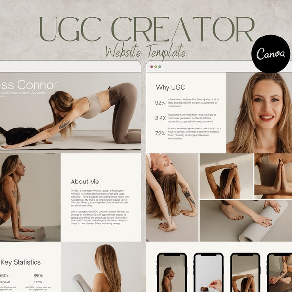 UGC minimalist website template | yoga coach portfolio | ugc media kit | yoga ugc creator | wellness coach portfolio | canva template | JESS