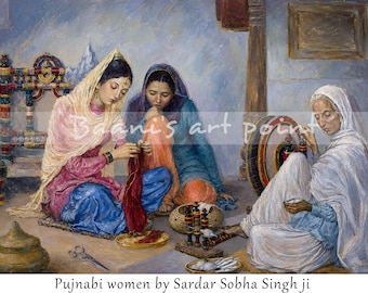 May include: An oil painting titled Punjabi women by Sardar Sobha Singh ji depicting three individuals in traditional attire. One person in pink and blue works with red thread, another in blue watches, and an elder in white operates a spinning wheel.