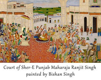 May include: A painting depicting the court of Maharaja Ranjit Singh, the ruler of the Sikh Empire in the 19th century. The painting shows Ranjit Singh seated on a throne, surrounded by his courtiers and advisors. The painting is attributed to the artist Bishan Singh.