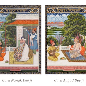 SET OF TEN Miniature paintings of Sikh Gurus, Punjab, Guru Nanak Dev ji, Guru Gobind Singh ji, Gurmukhi script, Wall Art, Instant Download
