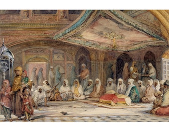 Interior del Templo Dorado, grabado antiguo de Punjab, Darbar Sahib, Amritsar, Gurdwara, Harmandir Sahib, arte mural sij, decoración de interiores