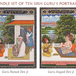 Könnte beinhalten: Ein Set aus zehn Sikh-Guru-Porträts mit Guru Nanak Dev ji und Guru Angad Dev ji. Jeder Druck zeigt detaillierte Illustrationen der Figuren in Außenbereichen mit Musikinstrumenten, farbenfroher traditioneller Kleidung und Gurmukhi-Schriftzeichen.