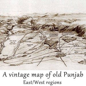 carte vintage du vieux Pendjab, art mural sikh, décoration d'intérieur pendjabi, impression d'art, XVIIIe siècle, téléchargement numérique instantané, ton sépia, noir et blanc