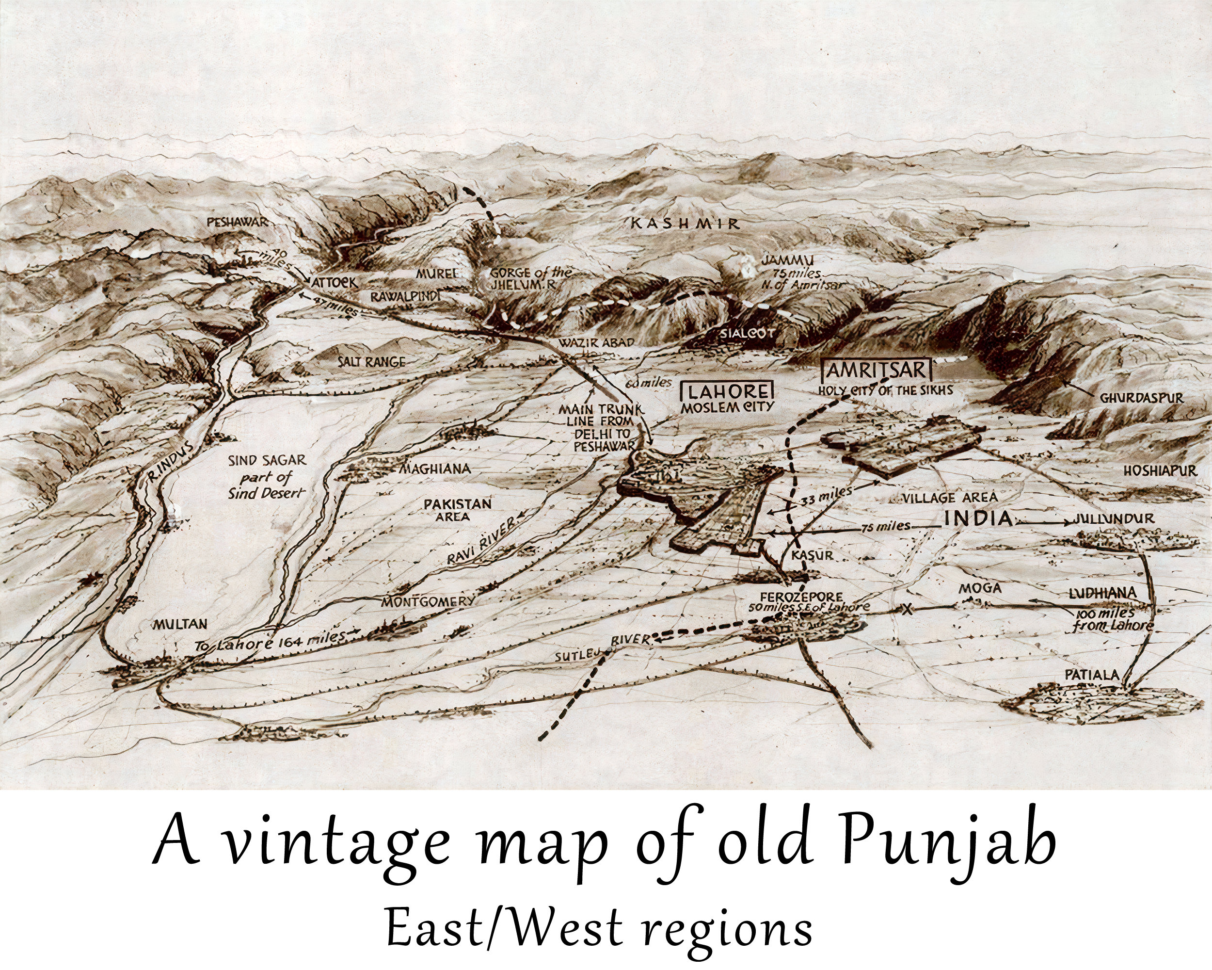 Vintage map of old Punjab, Sikh wall art, Punjabi home décor, art print, 18 century, Instant digital download, Sepia tone, Black and white