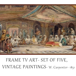 SET Of FIVE, Samsung Frame TV Art , Vintage paintings of Punjab, Golden Temple, Darbar Sahib, Sikh, Siri Granth Sahib, Akal Takht, 3840x2160