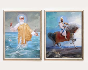 Guru Nanak Dev JI, Guru Gobind Singh Ji di Sobha Singh, dipinti ad olio vintage, arte della parete Sikh, decorazioni per la casa Punjabi, download digitale
