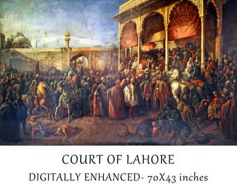 May include: Digitally enhanced painting titled "Court of Lahore." The artwork depicts a large crowd of people, some on horseback, gathered in an outdoor setting. The scene is filled with figures in various attire, with architectural elements in the background. The painting measures 70x43 inches.