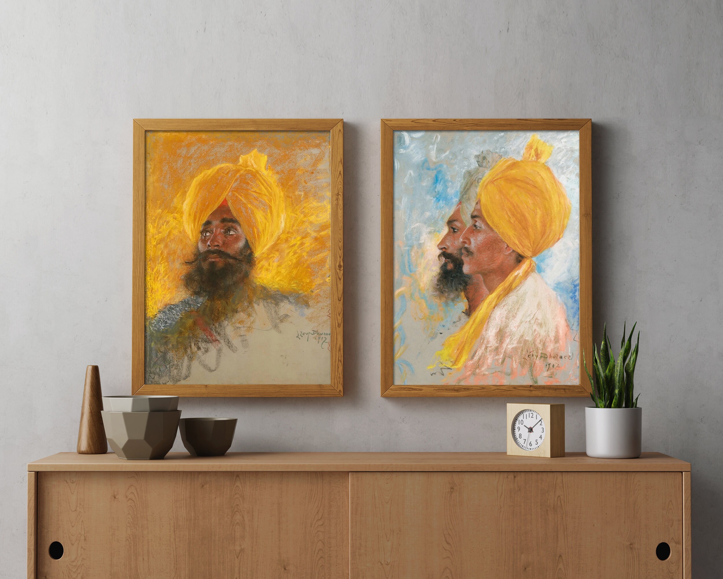シーク教の絵画2点セット - 黄色いターバンを巻いた貴族（Le Sikh）と2