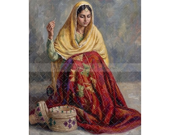May include: Oil painting depicting a woman in traditional dress, wearing a yellow head covering and gold jewellery. She is sewing a red and gold embroidered textile. Two woven baskets are in the foreground. The artwork has a soft, painterly style.