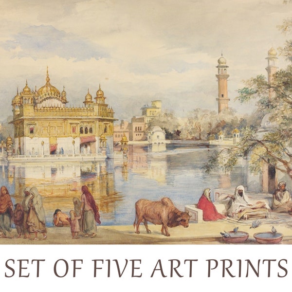 SET OF FIVE vintage prints of Punjab, Darbar Sahib, Amritsar, Gurdwara, Golden Temple, Harmandir Sahib, Akali Sikh, Instant Download print