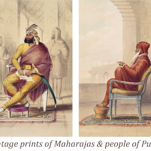 SET OF SIX vintage prints of Maharajas, Princes & People of Punjab by E.Eden 1844, Ranjit Singh, Sikh empire, Painting, Wall art