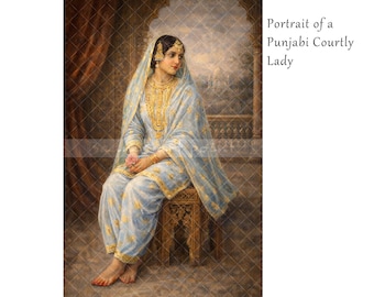 May include: A portrait of a Punjabi Courtly Lady. The painting shows a woman in a light blue outfit with gold detailing, seated on a wooden chair. She wears a head covering and jewellery, holding a pink flower. The background includes architectural elements.