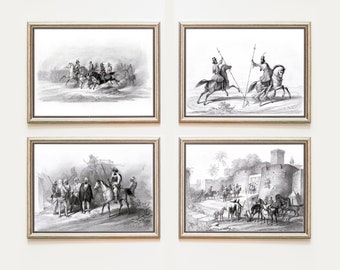 May include: Four black and white framed illustrations depicting scenes of people riding horses. The illustrations are set against a white background.
