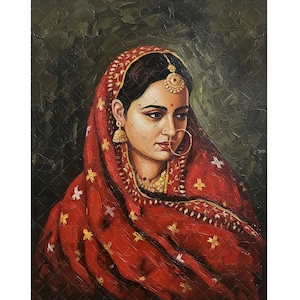 Peut inclure: Peinture à l'huile d'une femme portant des vêtements traditionnels indiens. La femme a les cheveux foncés, une boucle de nez et des bijoux en or. Elle est drapée dans un châle rouge avec des accents floraux dorés sur fond vert foncé.