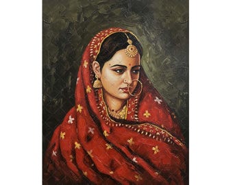 May include: Oil painting of a woman in traditional Indian dress. The woman has dark hair, a nose ring, and gold jewellery. She is draped in a red shawl with gold floral accents against a dark green background.
