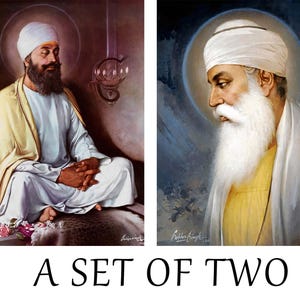 May include: A set of two framed prints depicting portraits of Sikh religious figures. The prints are in a traditional style with a gold background and a halo around the figures' heads. The figures are wearing white turbans and traditional clothing.