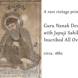 May include: A vintage print depicting Guru Nanak Dev Ji, featuring a halo and intricate Gurmukhi script forming the figure's clothing. The artwork includes the text 'A rare vintage print of Guru Nanak Dev Ji with Japuji Sahib Inscribed All Over, circa. 1880'.
