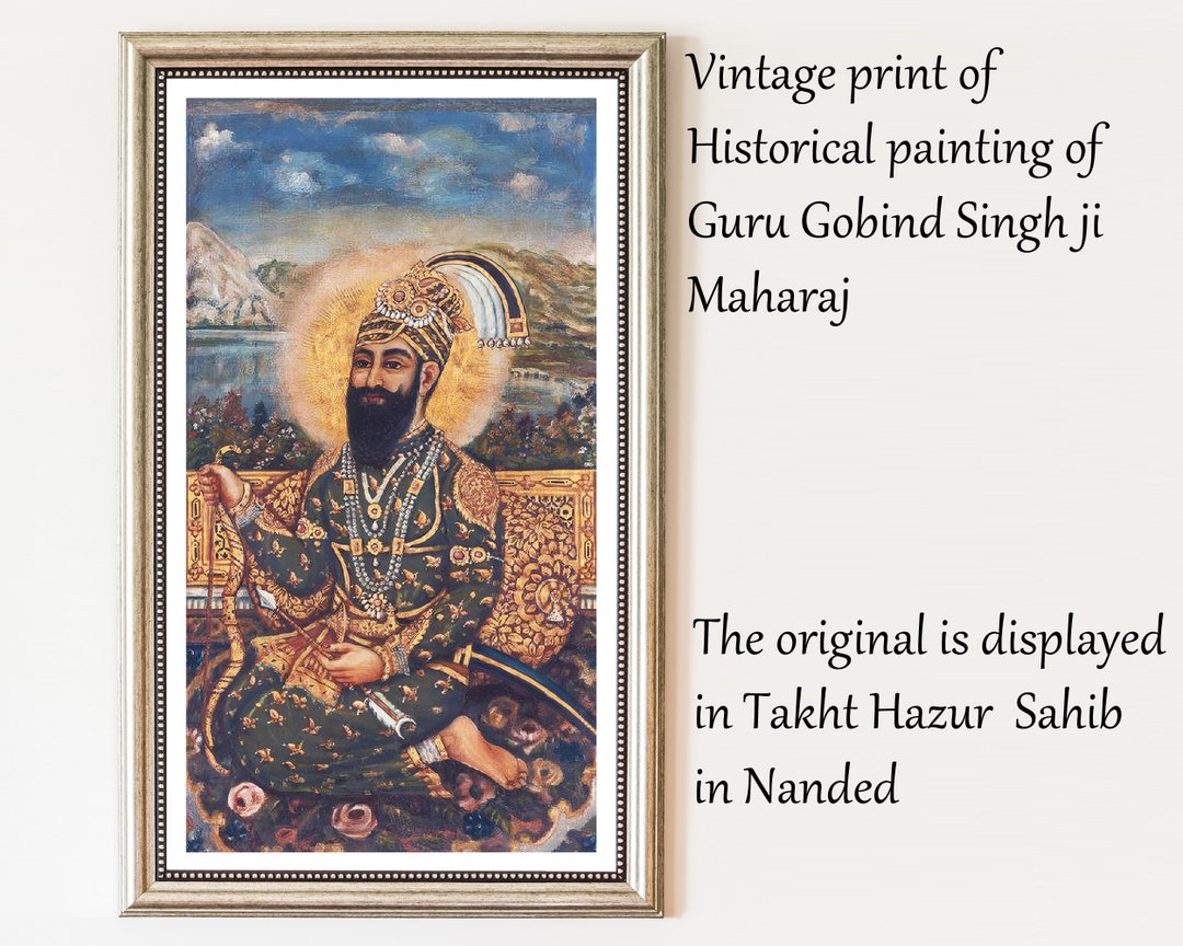 Vintage Print, Historical Painting of Guru Gobind Singh Ji Maharaj, Hazur Sahib, Sikh Wall Art