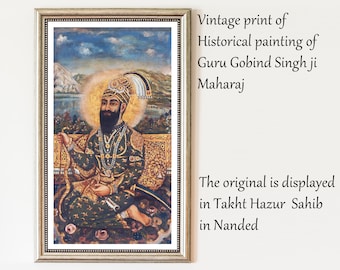 Vintage print, Historical painting of Guru Gobind Singh ji Maharaj, Hazur Sahib, Sikh wall art home decor, instant download, Punjab art work