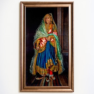 Eine Dame von Amritsar, Vintage Druck, Ölgemälde von HS. Ruith, Punjabi Frau, Kleidung und Schmuck, traditionelle Sikh Kunst, Instant Download