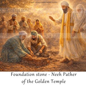 Pode incluir: Uma representação artística de uma cerimónia religiosa. Várias figuras em trajes tradicionais estão reunidas, algumas construindo uma estrutura. A imagem tem um tom quente e dourado, e o texto na parte inferior diz "Foundation stone - Neeth Pather of the Golden Temple."