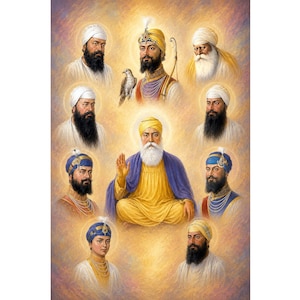 Puede incluir: Una pintura religiosa que representa a diez figuras sij con halos, incluida una figura central sentada con túnicas amarillas y un chal azul, y otra figura con turbante amarillo y un halcón en el hombro, todo sobre un fondo cálido y difuso.