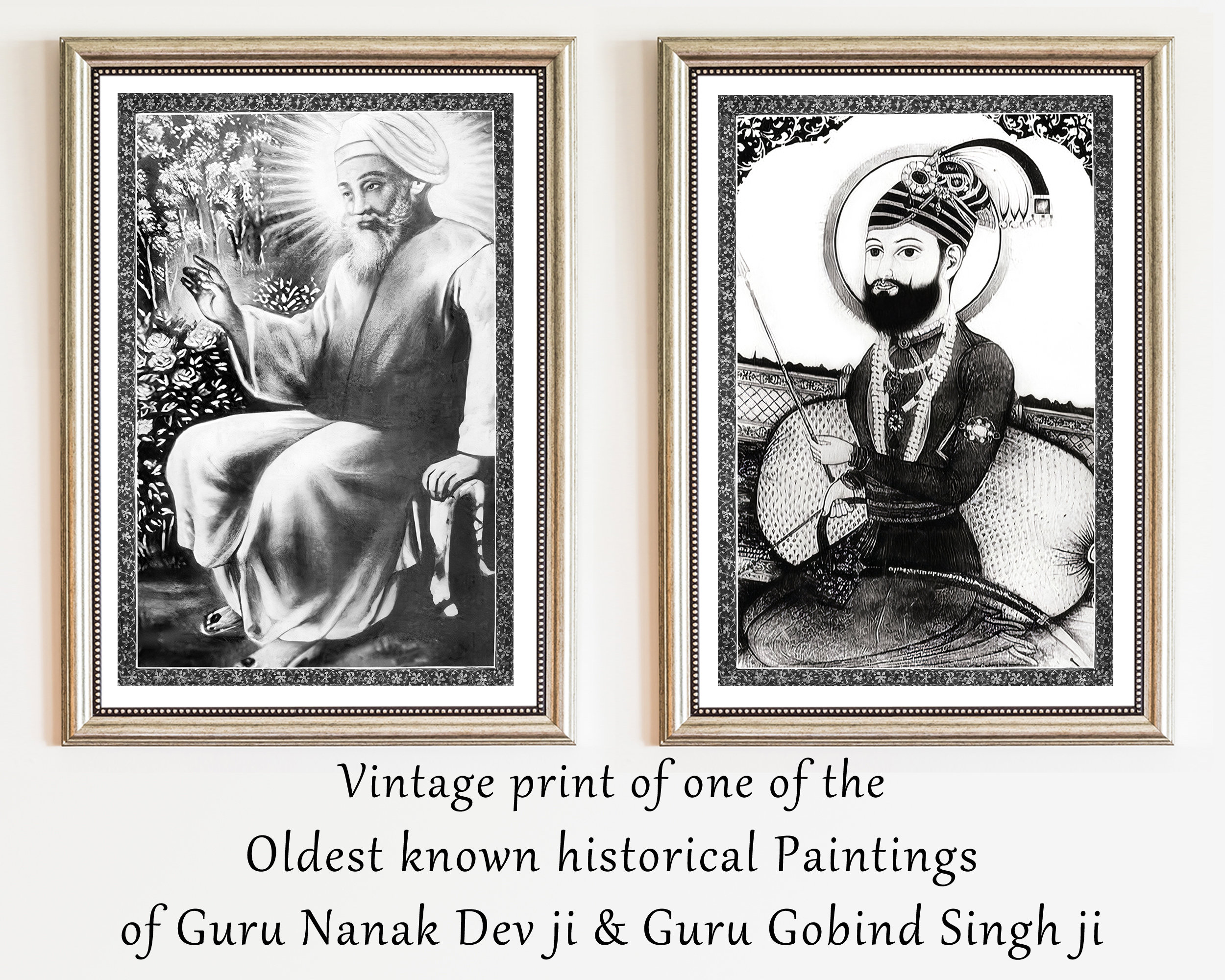 One of the Oldest Known Historical Paintings of Guru Nanak Dev Ji and Guru  Gobind Singh Ji, Vintage Print, Sikh Wall Art, Black and White - Etsy, image size:2500x2000