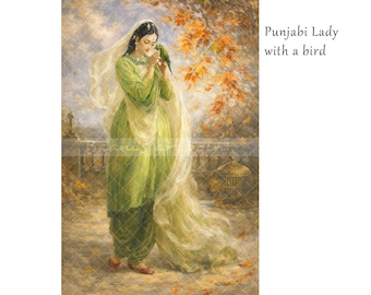 May include: A painting shows a woman in a green outfit with a long, flowing veil, interacting with a green bird. The text "Punjabi Lady with a bird" is in the top right. The background includes autumn leaves and a birdcage.
