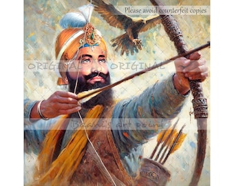 Portrait of Guru Gobind Singh Ji Maharaj with His Baaj, Original Handmade, Sikh WallArt, Punjabi home decor, Khalsa, Gift, Painting Download