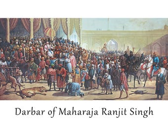 May include: A historical painting depicting the Darbar of Maharaja Ranjit Singh. The artwork shows a large gathering of people, including figures on horseback and an elephant, with a tiger lying on the ground. The scene is set in a grand, ornate building.