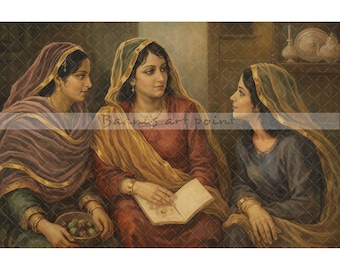 May include: An oil painting shows three women in traditional dress, conversing while seated. The central figure holds an open book. The women wear head coverings and jewellery, with a bowl of fruit in the foreground.