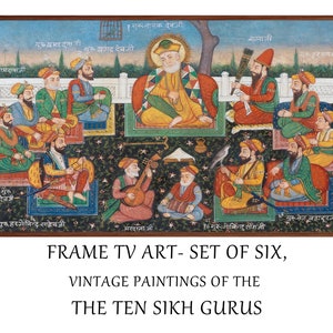 May include: A vintage painting depicting the ten Sikh gurus in a colorful, detailed style. The painting features a central figure surrounded by other figures, all with intricate clothing and headwear. The painting is set against a background of lush greenery and a sky with clouds.