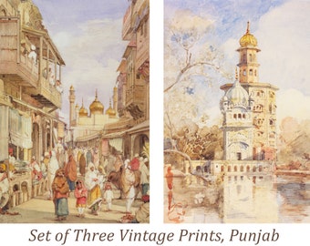 SET OF THREE vintage prints of Punjab, Street scene, Akalis Tower at Amritsar, Baba Atal, Sikh wall art, Interior decor, Punjab culture
