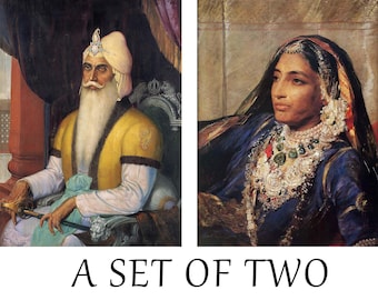 May include: A set of two vintage portraits of people in traditional clothing. The portrait on the left shows a man with a long white beard wearing a yellow and gold robe and a turban. The portrait on the right shows a woman wearing a blue and gold robe with a jeweled necklace and a head covering.