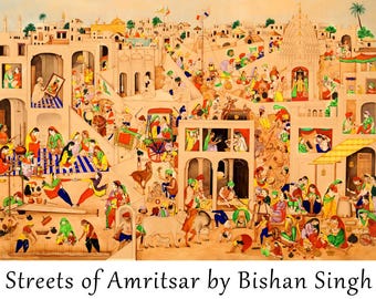Streets of Amritsar by Bishan Singh (1836–CIRCA 1900), Punjab culture, Vintage painting, Sikh wall art, Digital Download, Miniature painting