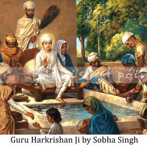 Peut inclure: Une peinture intitulée Guru Harkrishan Ji par Sobha Singh représentant une figure centrale en robes blanches assise sur une plateforme en bois près d'un bassin rectangulaire, entourée d'un groupe de personnes en tenue traditionnelle.