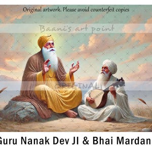 Guru Nanak Dev Ji y Bhai Mardana, Arte de pared sikh, Decoración del hogar punjabi, Pintura, DESCARGA DIGITAL instantánea, Regalo Gurpurab, Original hecho a mano