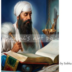 May include: An oil painting depicting a bearded figure wearing a white turban and white robes, holding a white chauri. The figure sits before an open book with gold-edged pages. A lit brass oil lamp hangs from a chain above. Text reads Baani's art point.