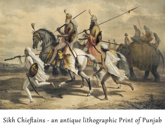 Sikh Chieftains, antique lithograph print of Punjab, vintage paintings, artwork, wall art decor,  poster, instant download, warriors horses
