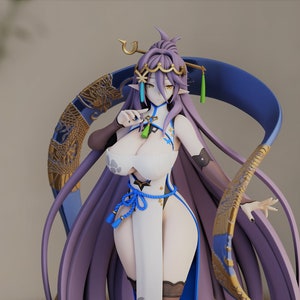 May include: A purple-haired anime character figurine wearing a white and blue dress with gold accents. The figurine is standing on a gold base with the text "Epic Seven" on it.