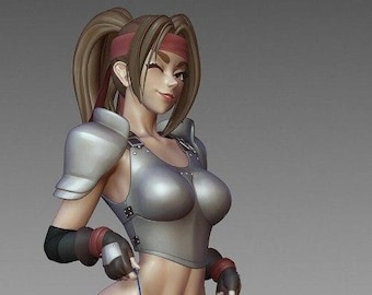 May include: A female figurine with brown hair, wearing a silver breastplate, blue underwear, and silver boots. She is standing on a round, brown base with metal accents.