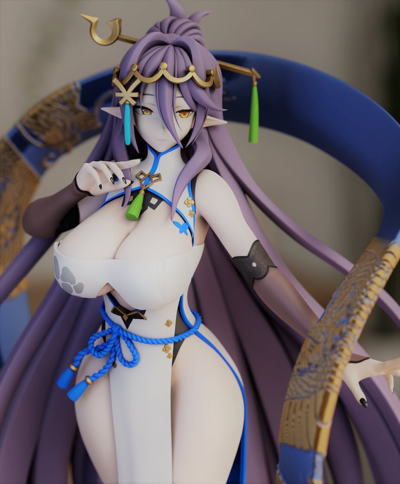 May include: A purple-haired anime character wearing a white and blue dress with a blue sash. She has a gold crown and a green tassel hanging from her neck. The character is posed with one hand on her hip and the other hand raised.