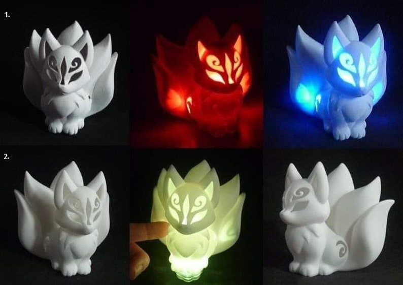 Puede incluir: Una colecci&oacute;n de luces nocturnas blancas con forma de zorro con detalles intrincados. Algunas luces se iluminan con tonos rojos, azules y verdes, mostrando las caracter&iacute;sticas del zorro. El dise&ntilde;o incluye una cara estilizada y una cola fluida.