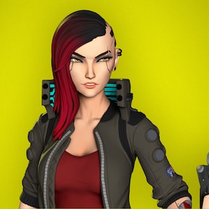 May include: A woman with red and black hair, wearing a black leather jacket, a red shirt, and a silver cybernetic arm. She has a serious expression on her face and is holding a silver blade.