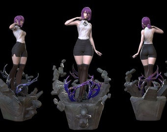 Könnte beinhalten: Eine Figur einer Frau mit lila Haaren, die ein weißes ärmelloses Oberteil, schwarze Shorts und schwarze Strümpfe trägt. Die Figur steht auf einem zerbrochenen Steinsockel mit lila und blauen Akzenten.