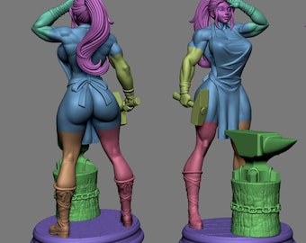 May include: A 3D printed figurine of a muscular woman with pink hair, wearing a blue dress and holding a hammer. She is standing on a green base with a chain and a metal anvil.