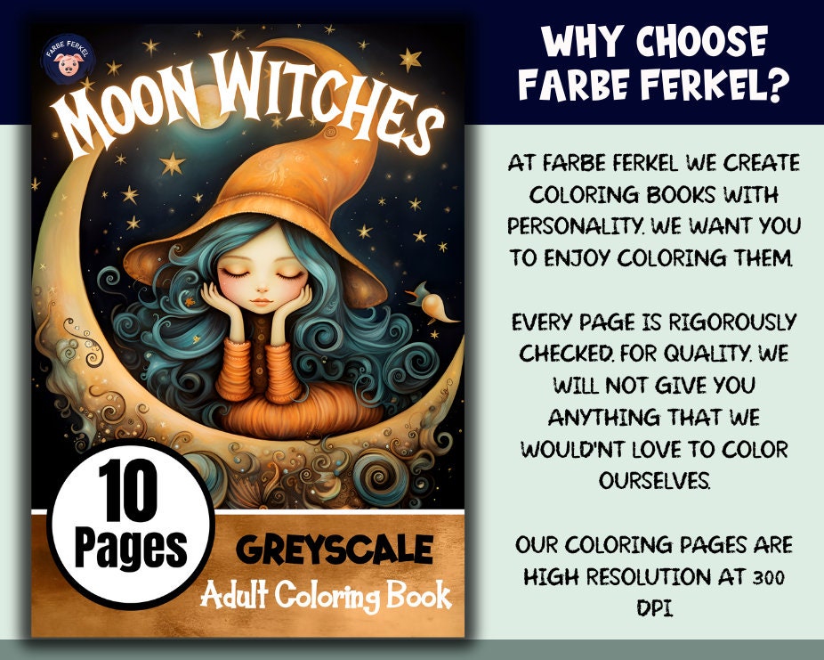 Moon Witches Greyscale Coloring Book Celestial Coloring Books Moon Coloring Page Witch Colouring ...