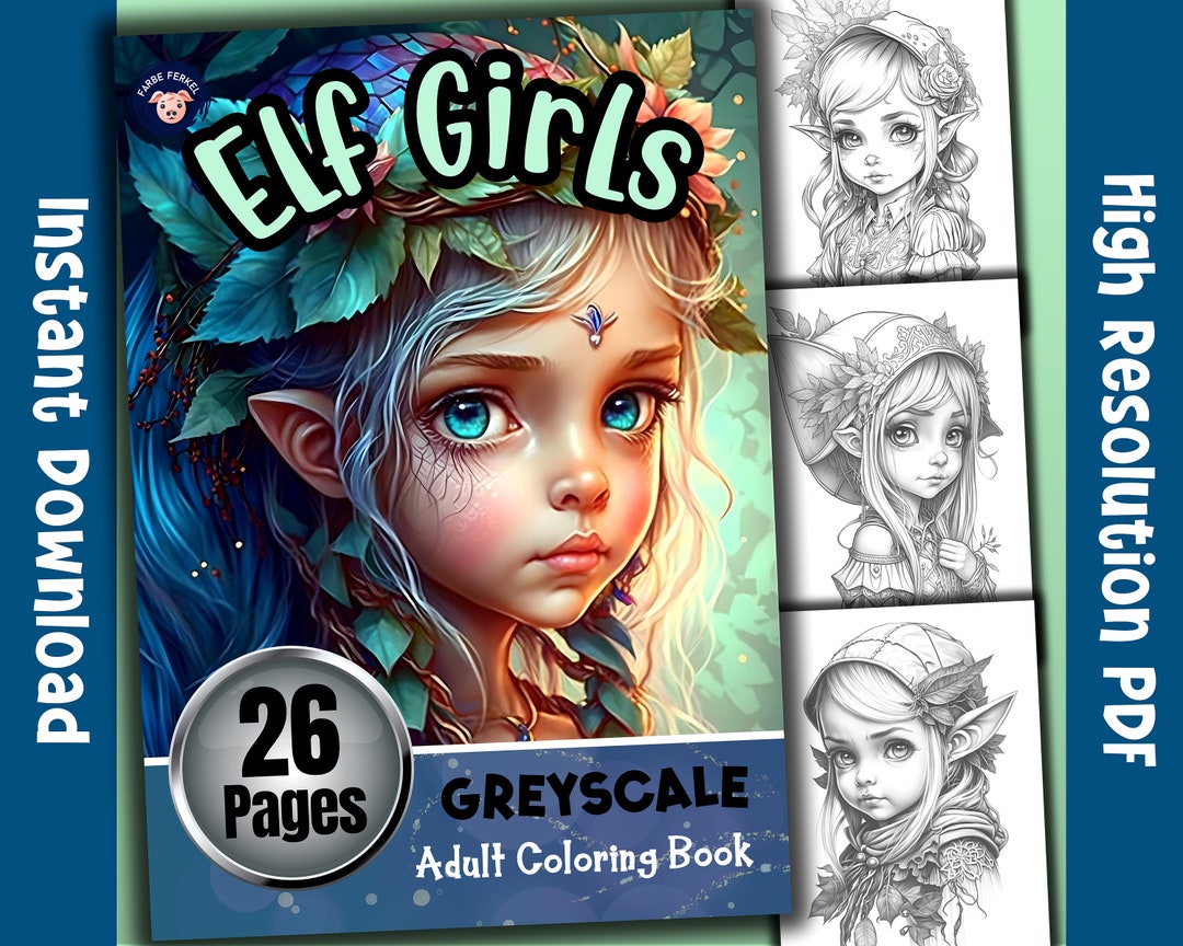 Elf Girls Adult Colouring Page for Relaxing Instant PDF Digital Download Greyscale Coloring ...